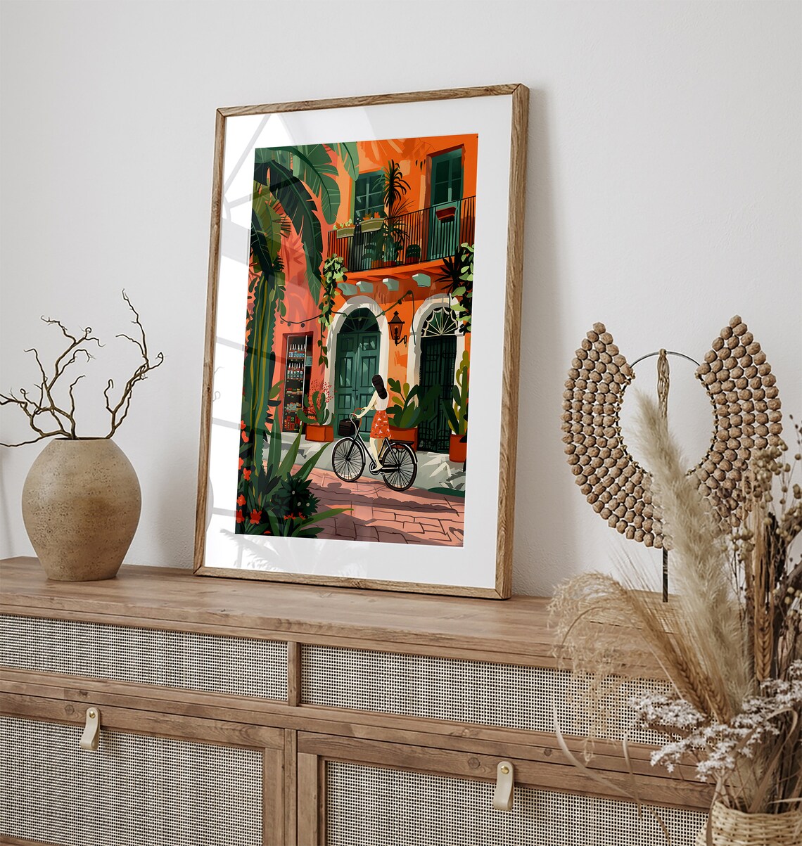 Mexican Woman Biking Coral Building Green Doors Town Scene Poster - Image 3