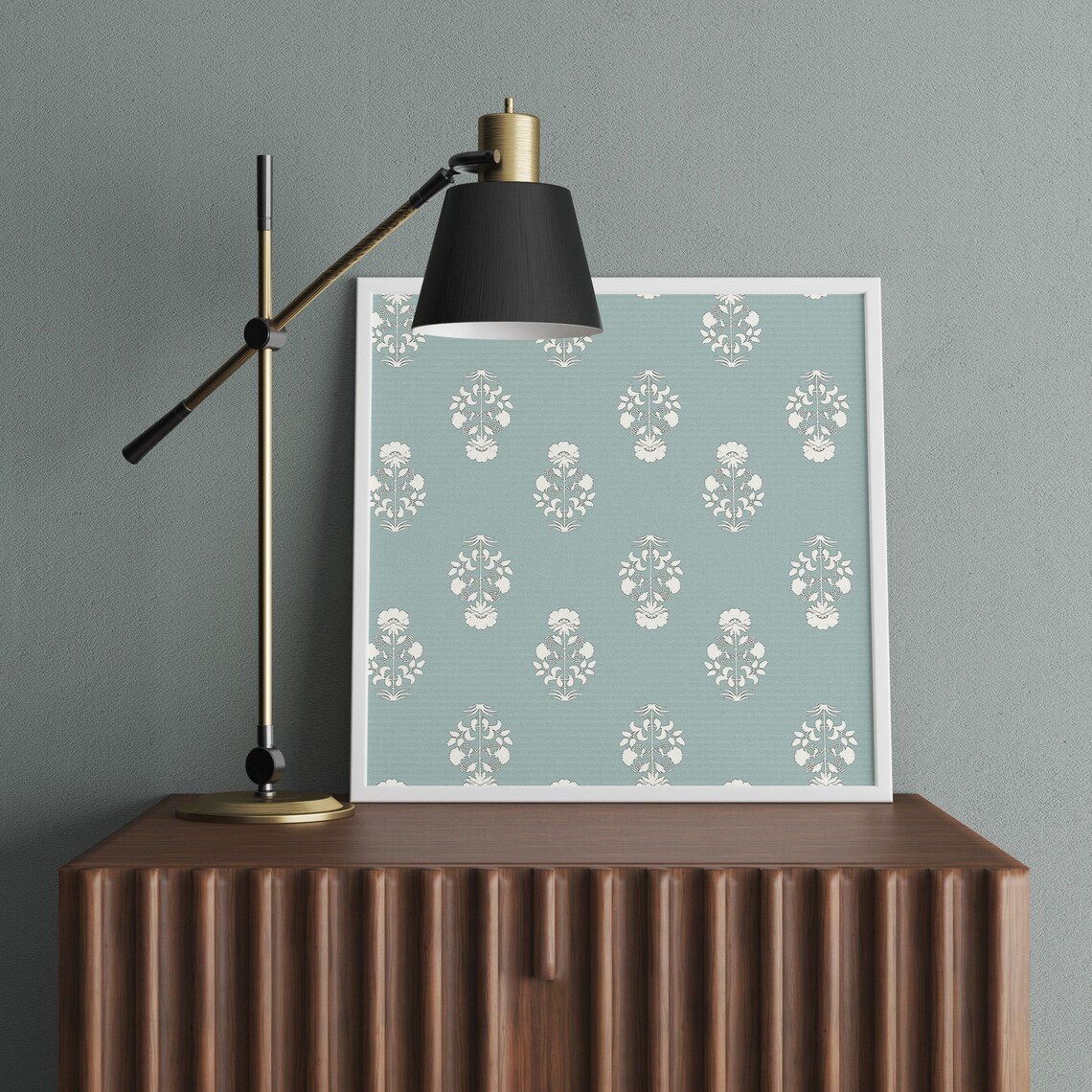 Sage Green and White Floral Block Motif Repeat Pattern Art Poster - Image 3
