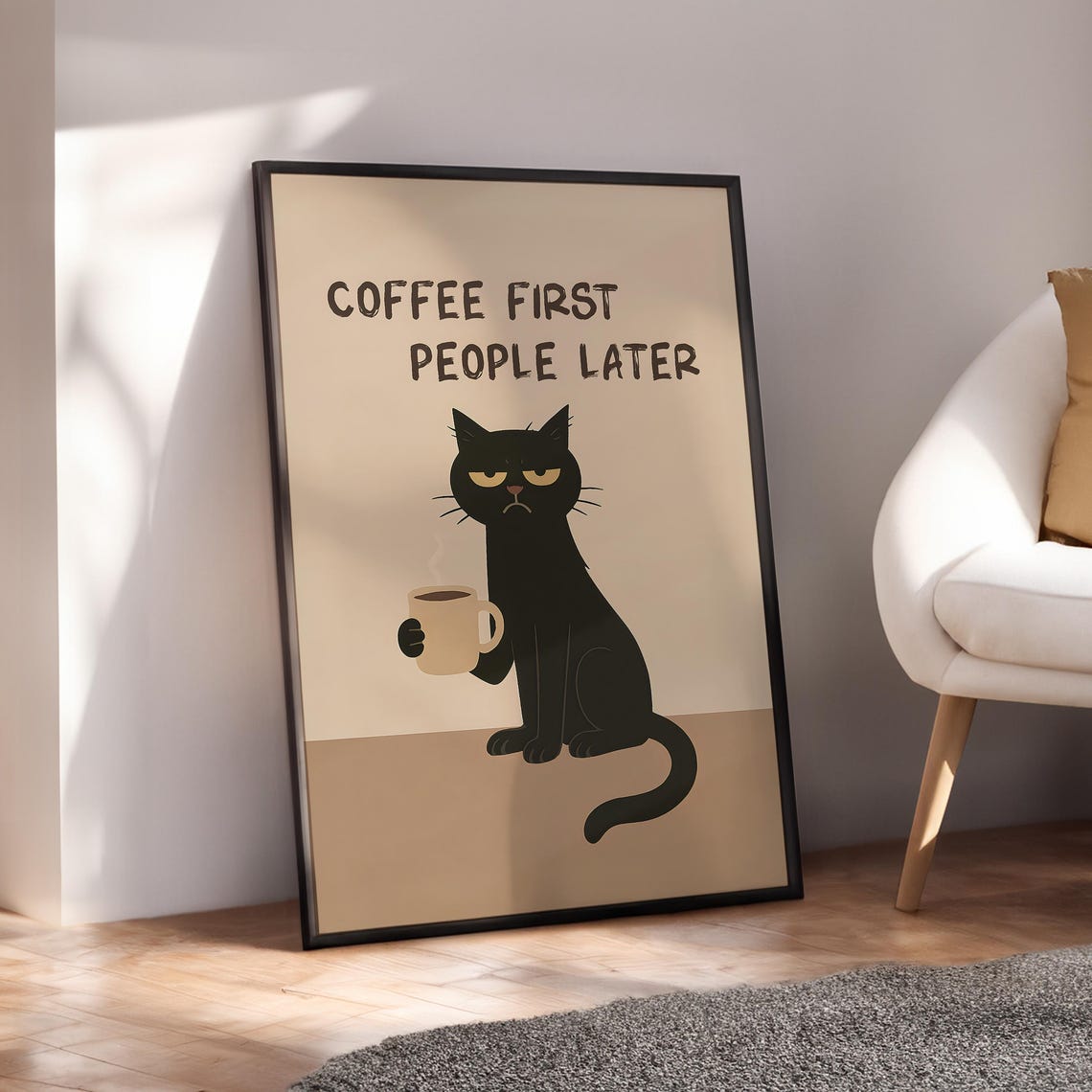 Coffee First People Later Cat Poster Trendy Kitchen Wall Art Retro Morning Print Funny Black Espresso Digital File