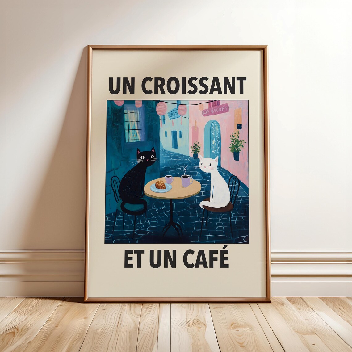 Un Croissant Et Un Cafe Cats Cobblestone Street Retro Poster