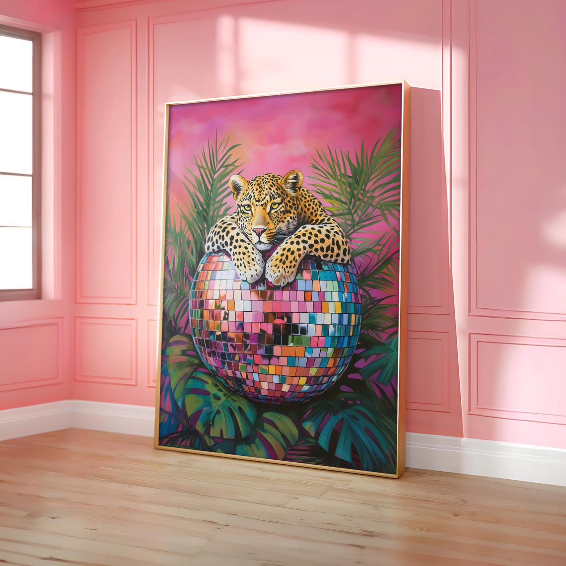 Leopard On Disco Ball Vibrant Maximalist Tropical Jungle Art Poster