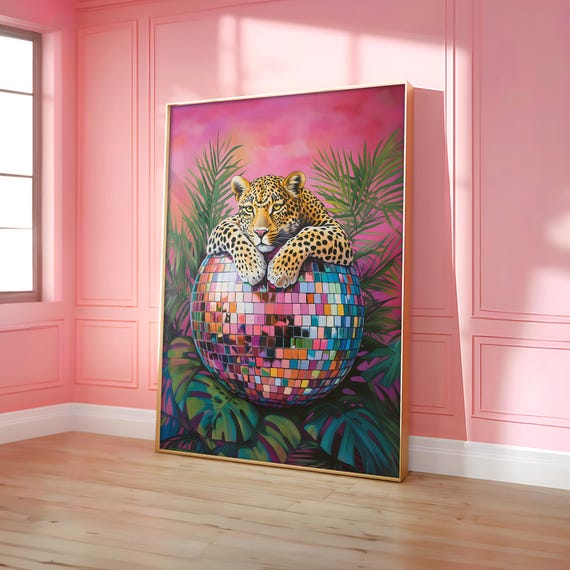 Leopard On Disco Ball Poster Vibrant Maximalist Prints Jungle Print Wall Art Decor Digital File