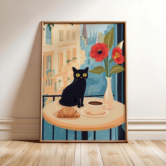Black Cat French Caf Print Coffee And Croissant Poster Bar Wall Art Retro Espresso Kitchen Optional Frame
