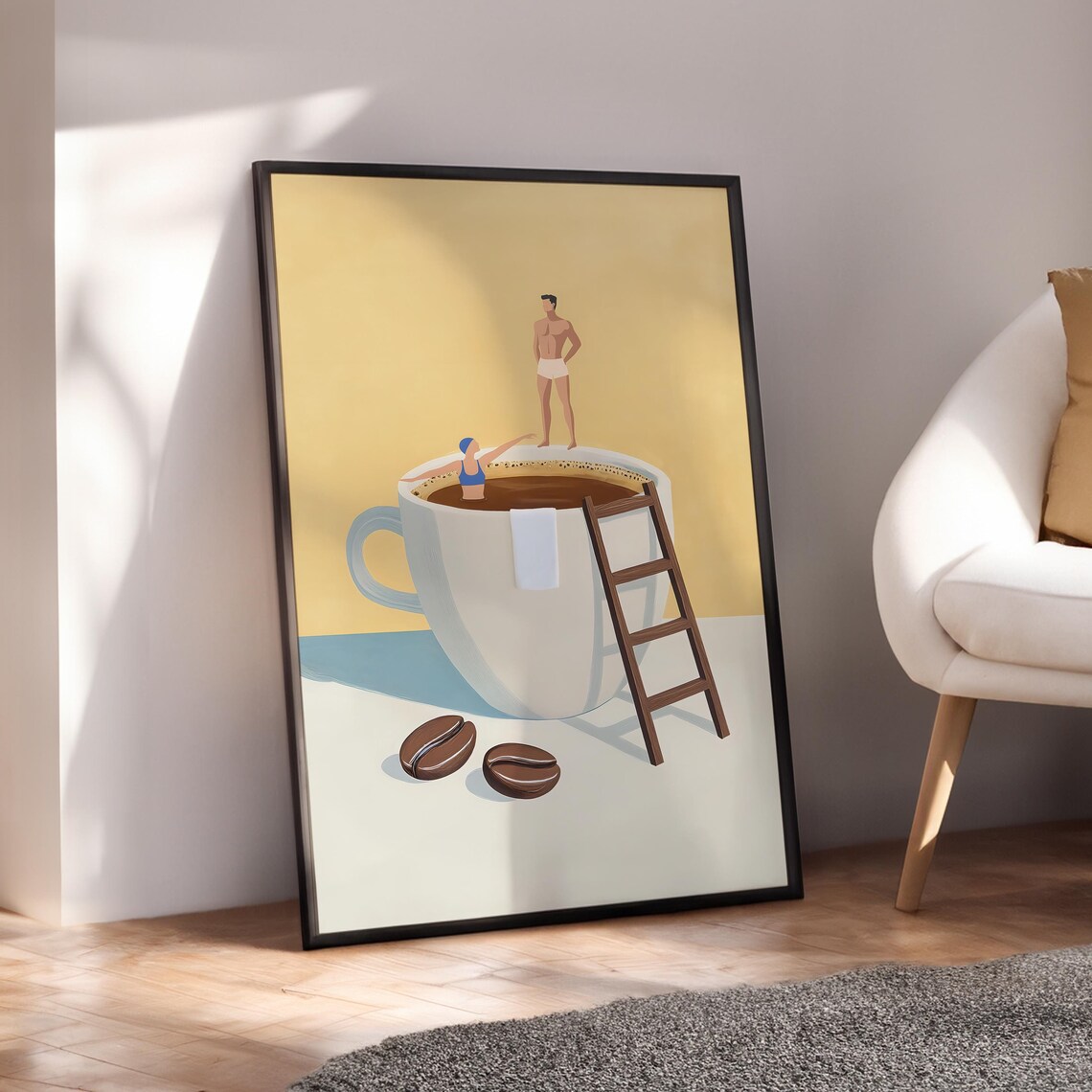 Coffee Swimmers Giant Cup Yellow Retro Bold Kitchen Wall Art