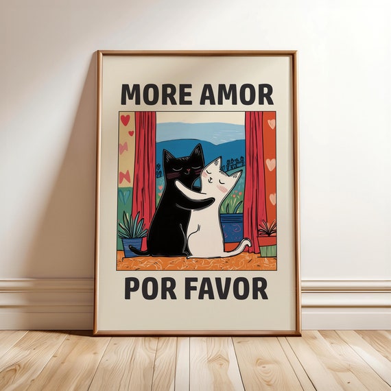 Cat Love Poster Funny Retro Cats Print Cute Art More Amor Por Favor Minimalist Wall Optional Frame