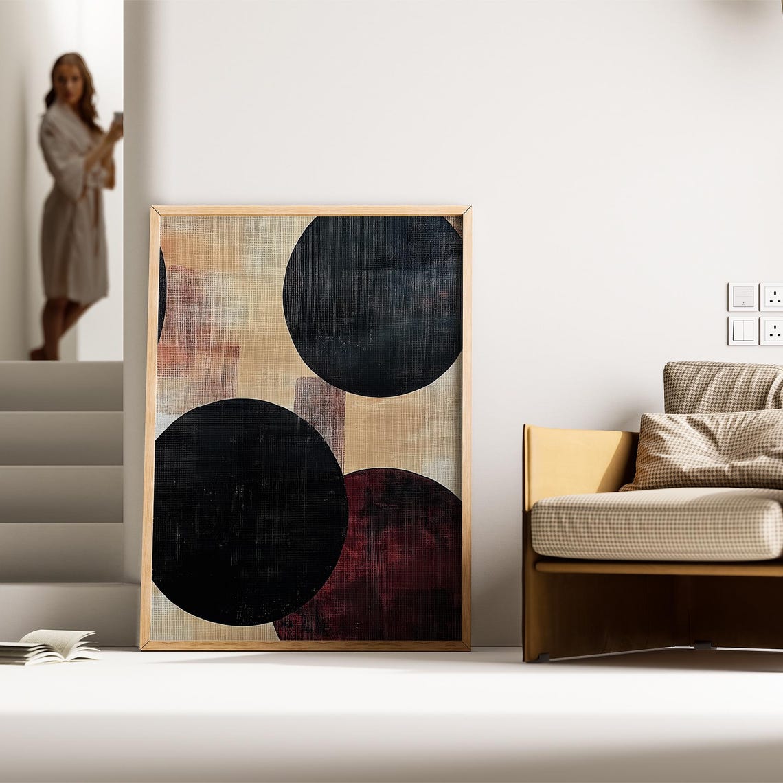 Bold Black and Red Circles on Textured Beige Modern Art Poster - Image 4