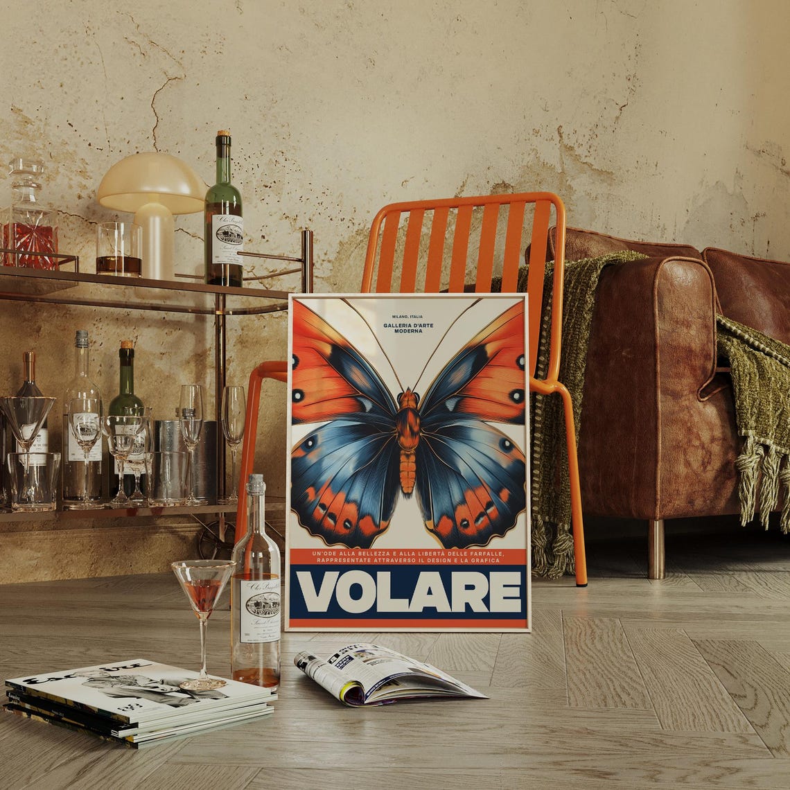 Volare Butterfly Blue Orange Retro Milano Exhibition Wall Art - Image 3