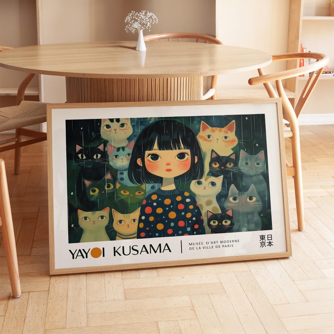 Yayoi Kusama Girl Surrounded By Cats Rain Whimsical Exhibition Poster - Image 4