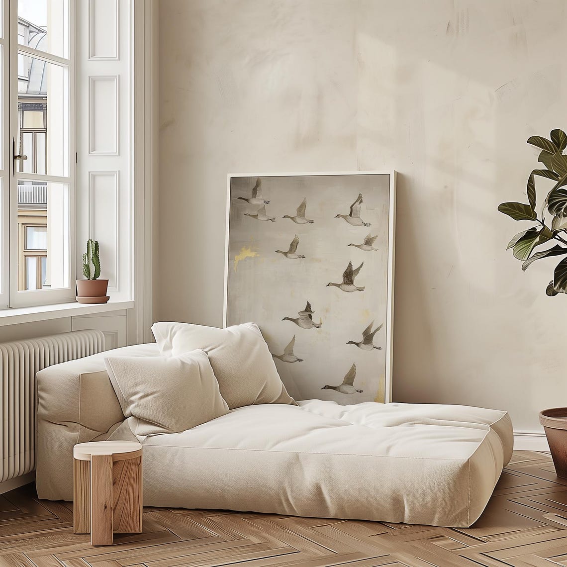 Flying Cranes Flock Beige Minimalist Birds in Flight Scene Poster - Image 3