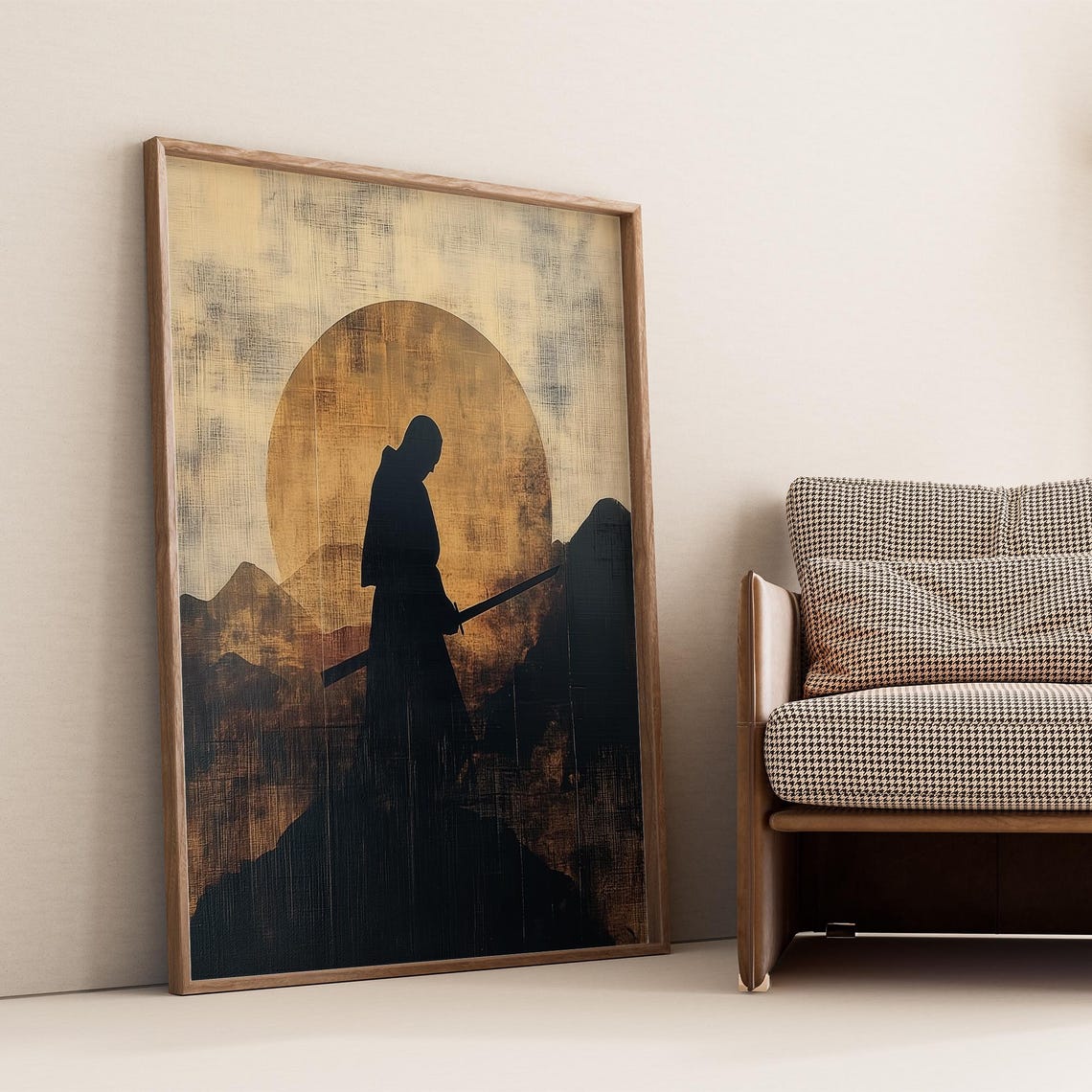 Samurai Silhouette Golden Sun Mountains Japanese Art Style Poster