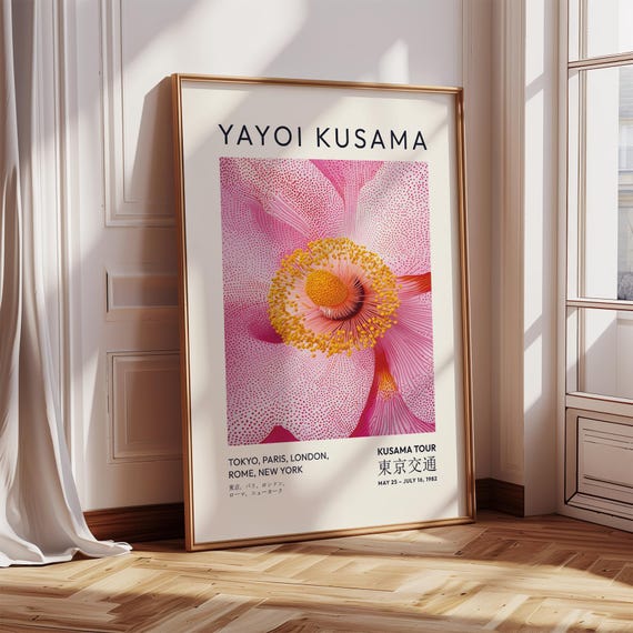 Bold Japanese Exhibition Wall Art Print Pink Floral Poster Inspired By Yayoi Kusama Artwork For Bedroom Living Room Office Entryway