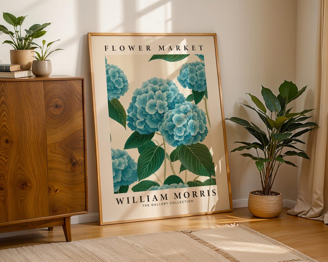 William Morris Blue Hydrangea Flower Market Botanical Art Print - Image 4