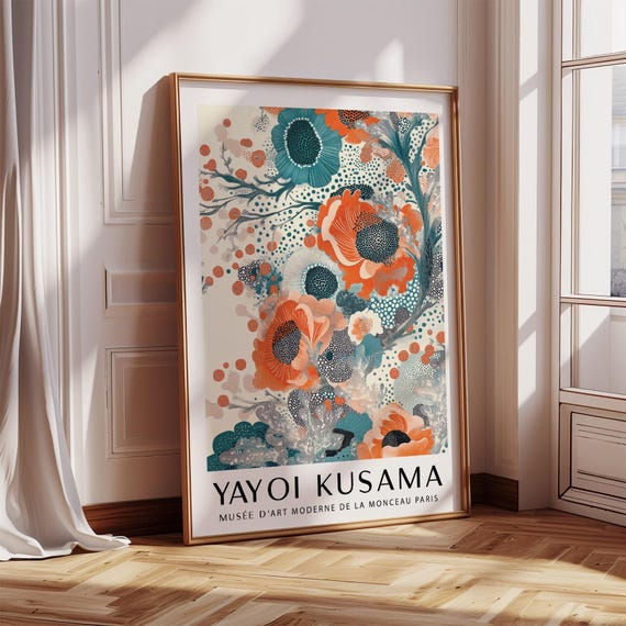 Teal And Orange Wall Art Bold Botanical Print In Yayoi Kusama Style Modern Floral Illustration For Living Room Or Office Decor