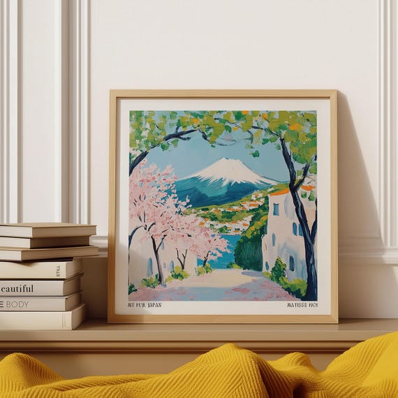 Japan Poster Mt Fuji With Cherry Blossoms And Lakeside Town Painterly Scenic Travel Print In Spring Colors