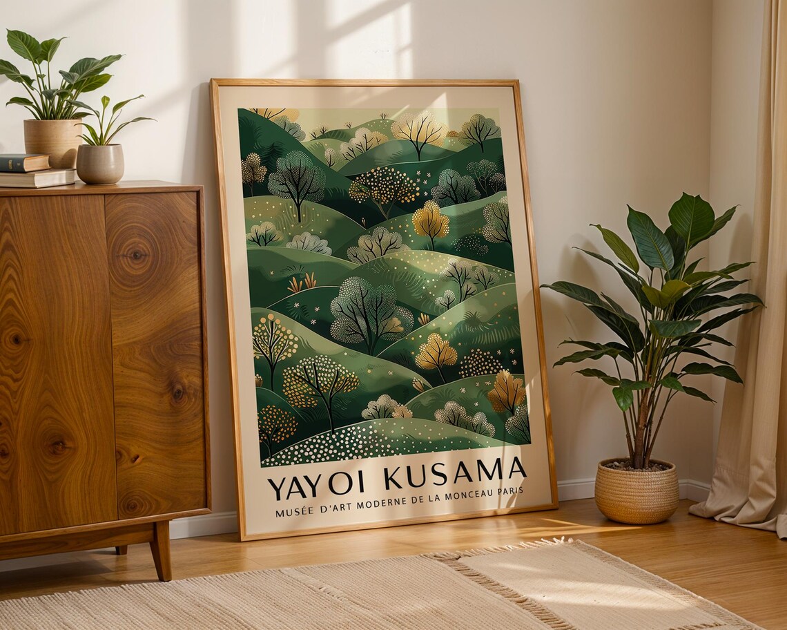 Yayoi Kusama Style Green Rolling Hills Dotted Trees Exhibition Poster - Image 3