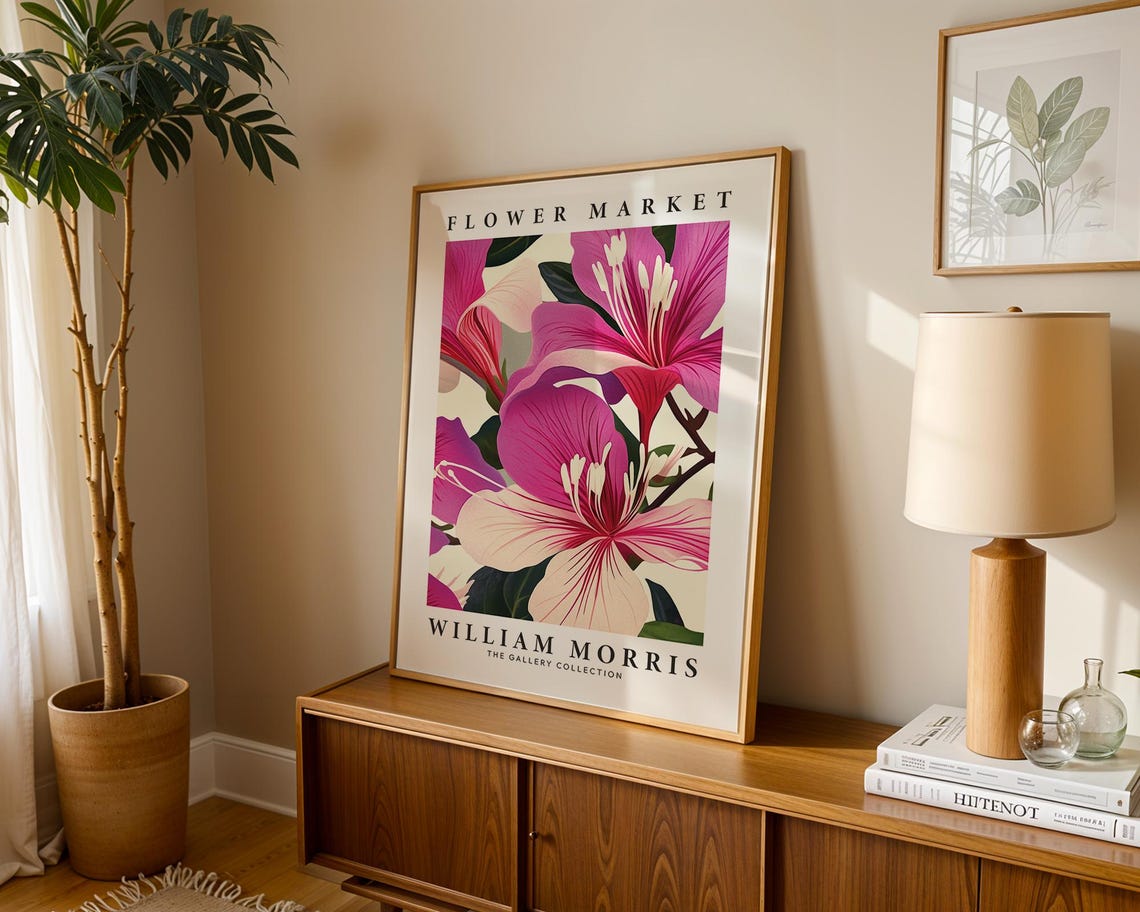 William Morris Flower Market Magenta Orchid Blossom Botanical Poster - Image 2