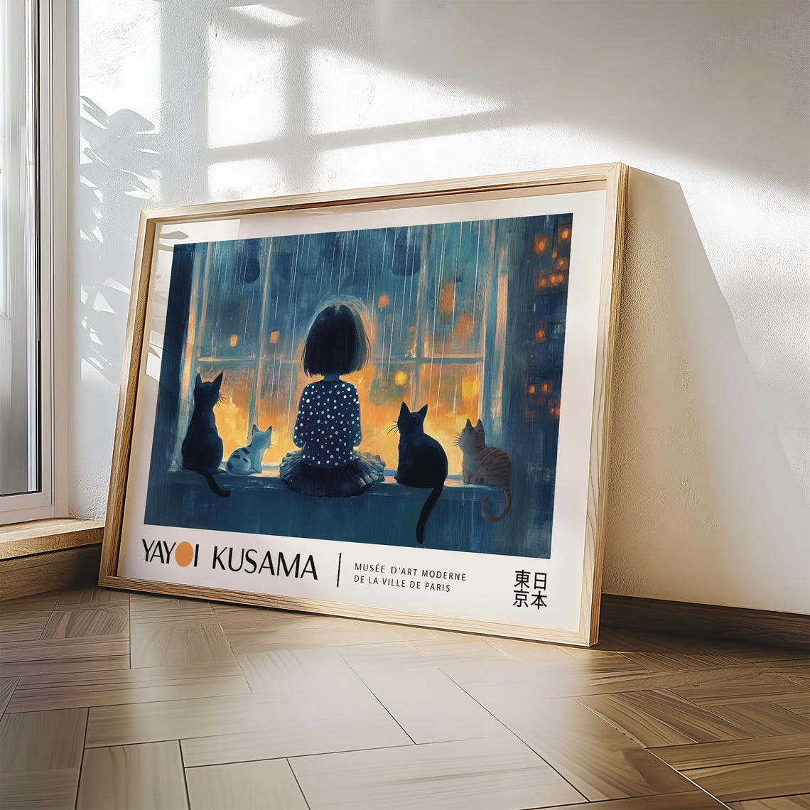 Kusama Girl And Cats At Window Poster Horizontal Wall Art For Kids Room Yayoi Kusama Cute Print For Girls Bedroom Or Nursery - Image 2