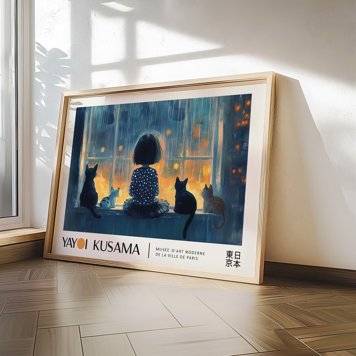 Yayoi Kusama Rainy Night Window Girl And Cats Cozy Scene Style Poster - Image 2