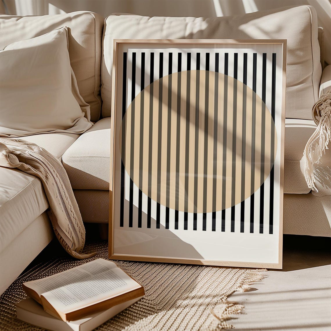 Minimalist Beige Sun Circle Black Vertical Stripe Art Poster - Image 2