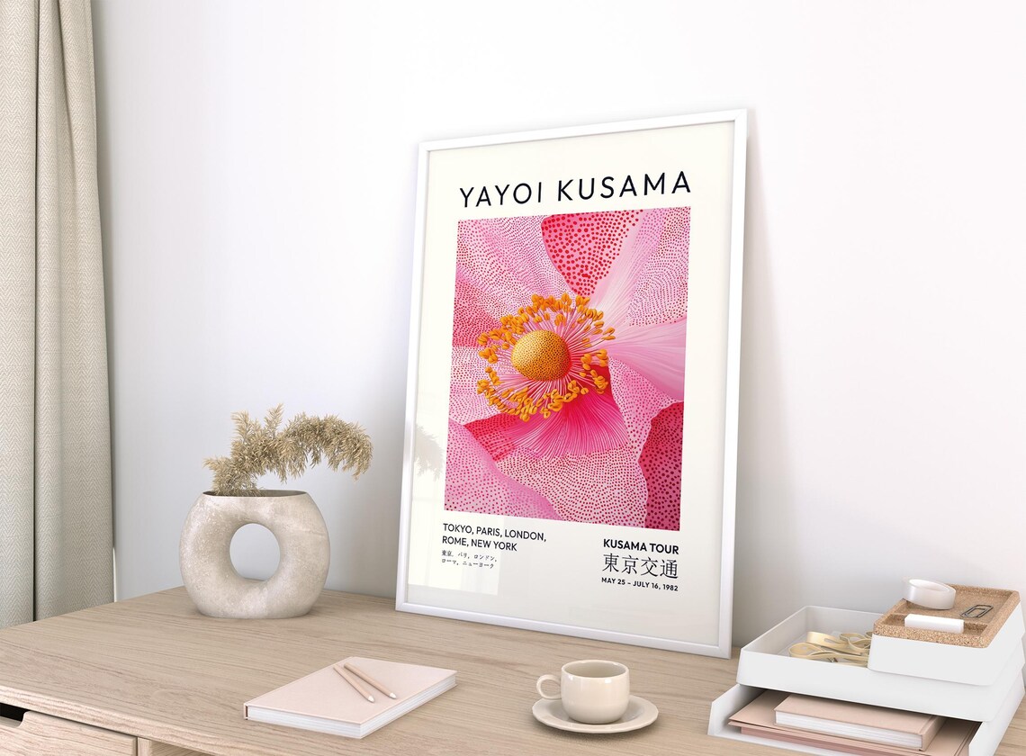 Yayoi Kusama Pink Dotted Flower 1982 Tour Art Exhibition Poster - Image 2