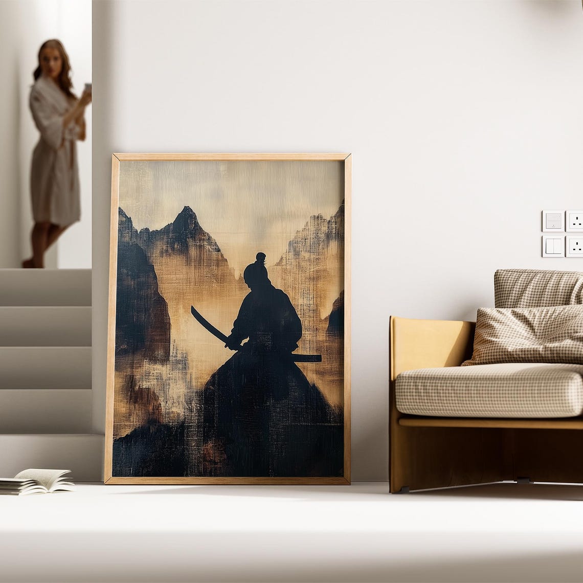 Samurai Warrior Silhouette Gold Mountain Ink Wash Art Poster - Image 3