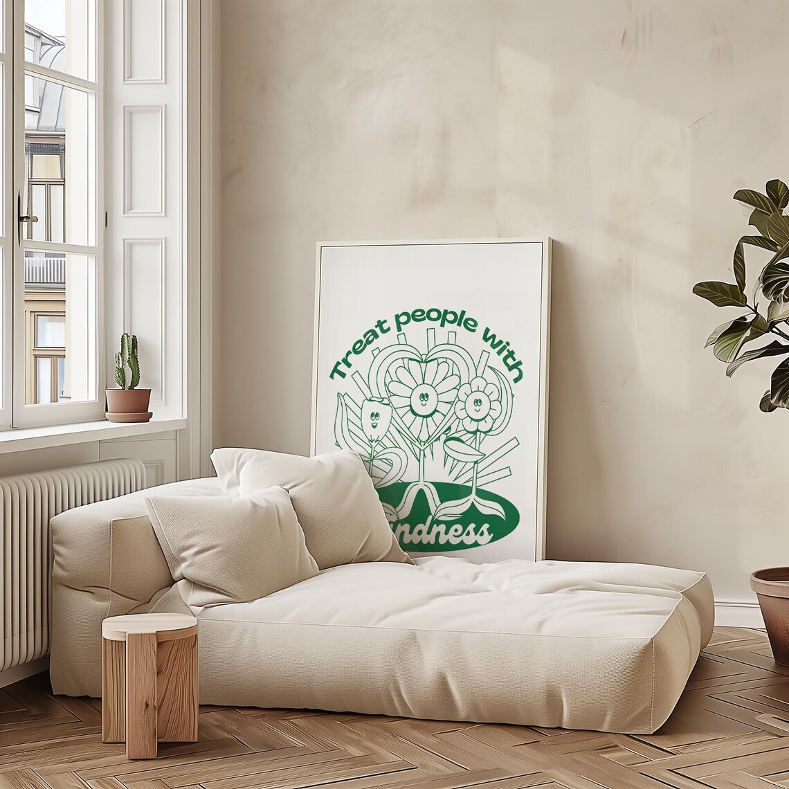 Treat People With Kindness Inspirational Green Flower Line Art Poster - Image 2