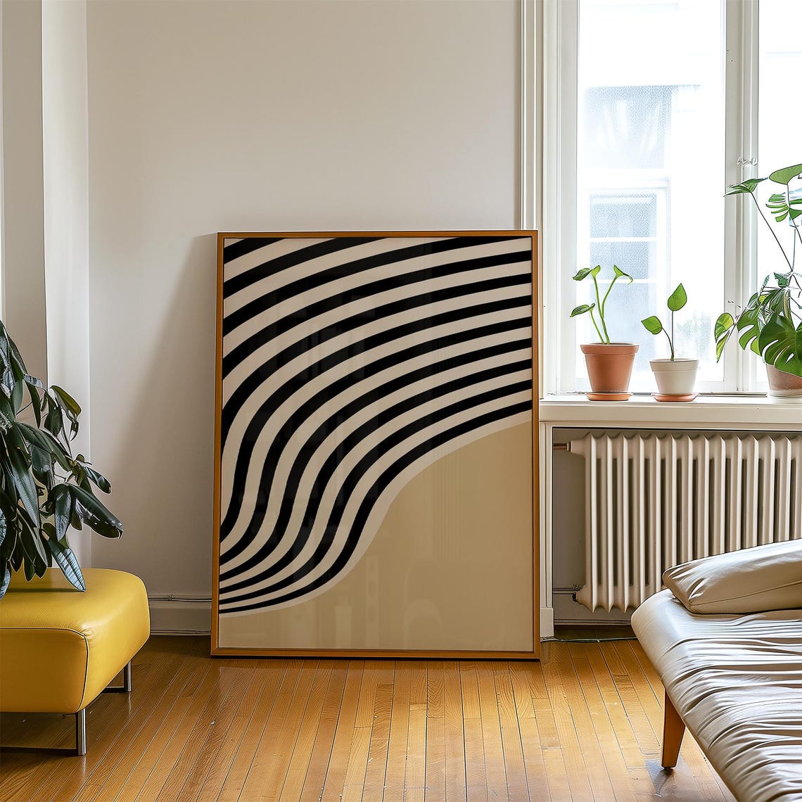 Bold Black White Wavy Stripe Beige Wave Modern Op Art Poster - Image 2