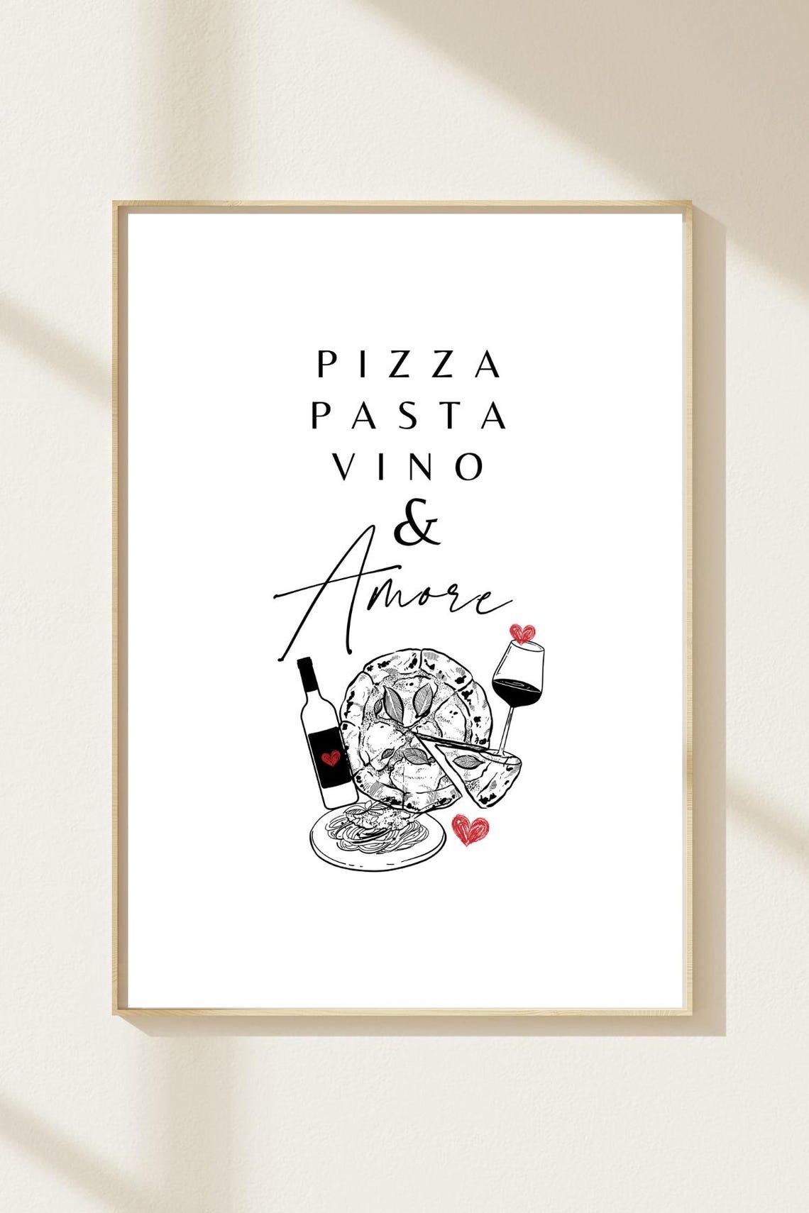 Pizza Pasta Vino Amore Italian Food Illustration Kitchen Poster
