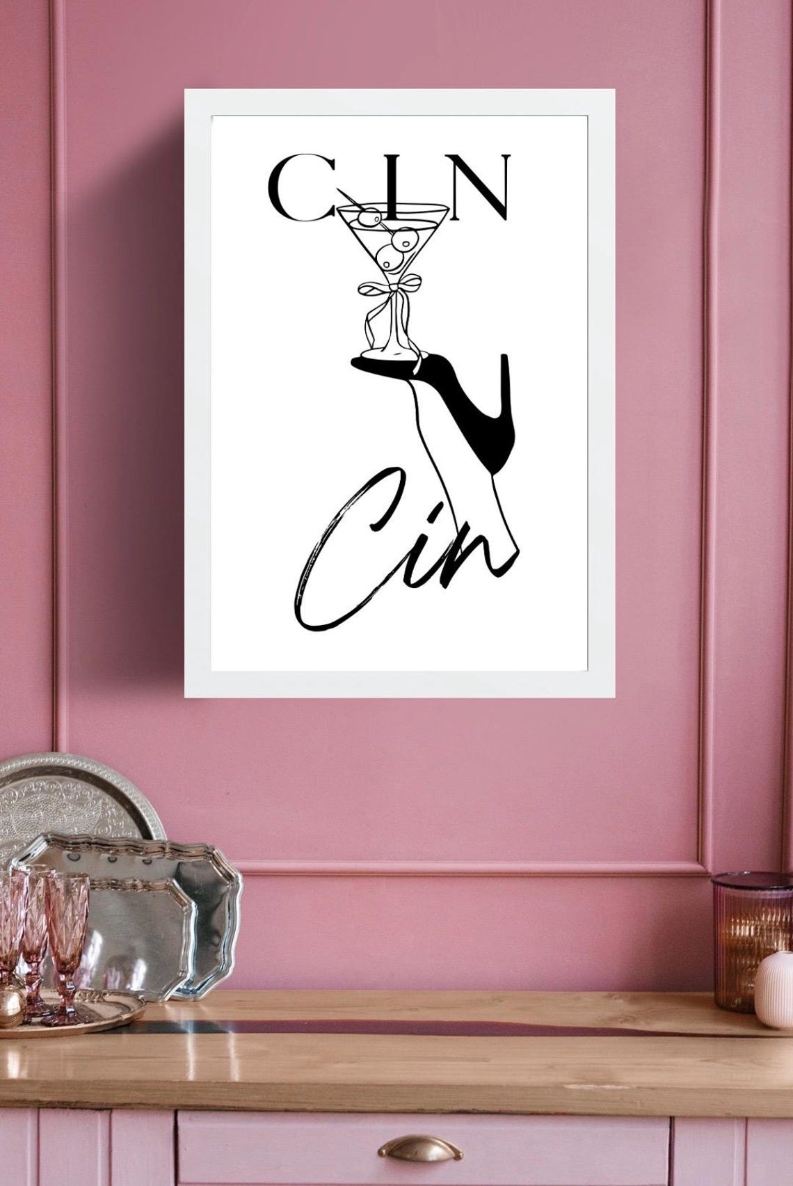 Cin Cin Martini Glass Stiletto Heel White Cocktail Bar Art Poster - Image 3