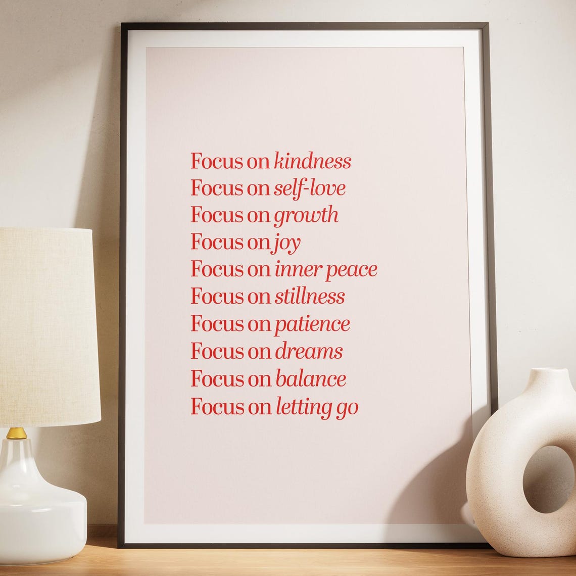 Focus On Kindness Mindfulness Affirmation Red Serif Wall Poster