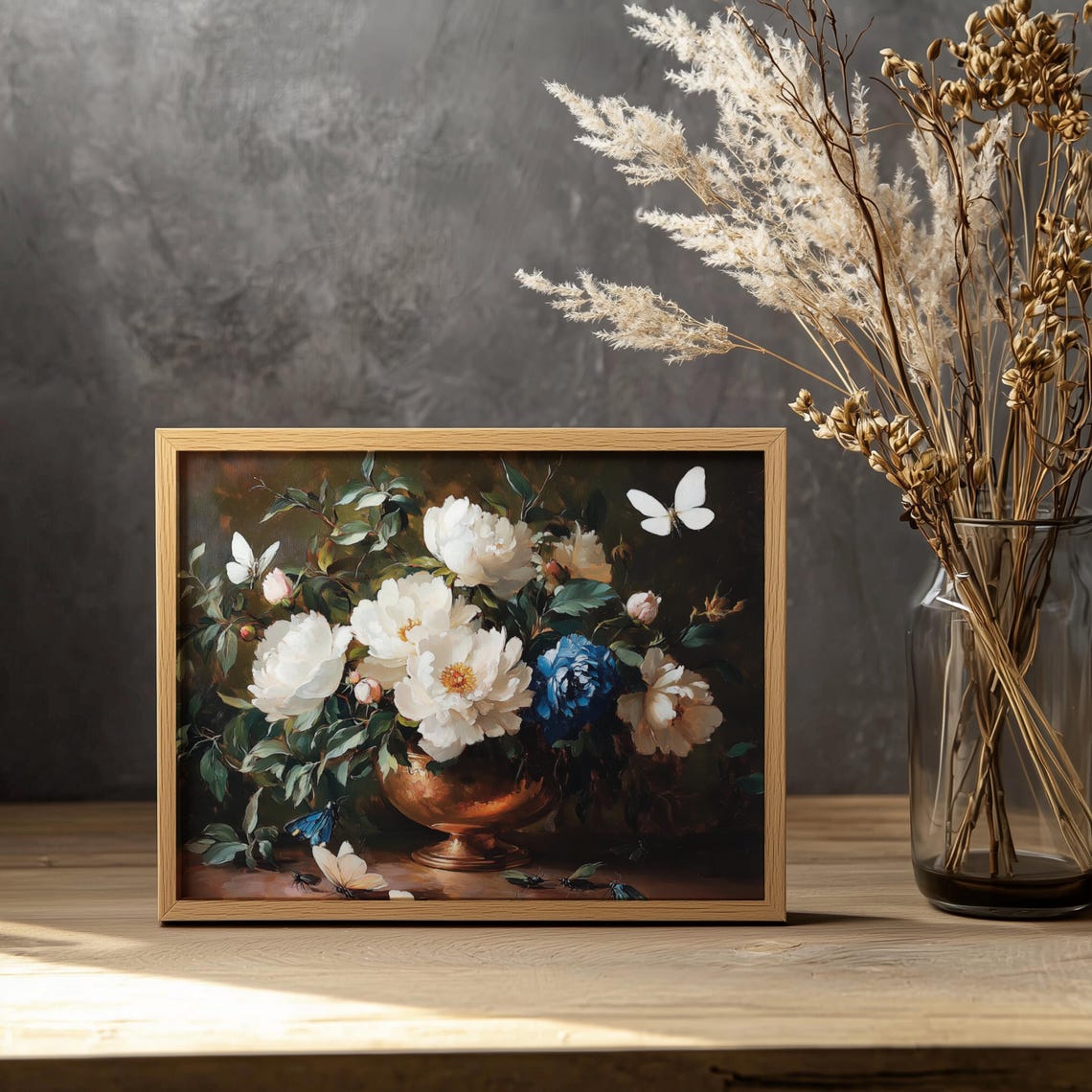 White Peonies Copper Bowl Butterflies Moody Floral Still Life Poster - Image 2