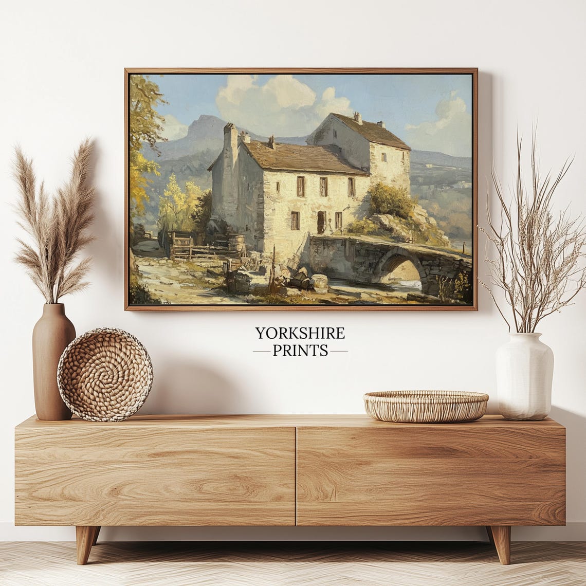 Rustic Stone House Arched Bridge Mountain Backdrop Village Oil Poster - Image 3