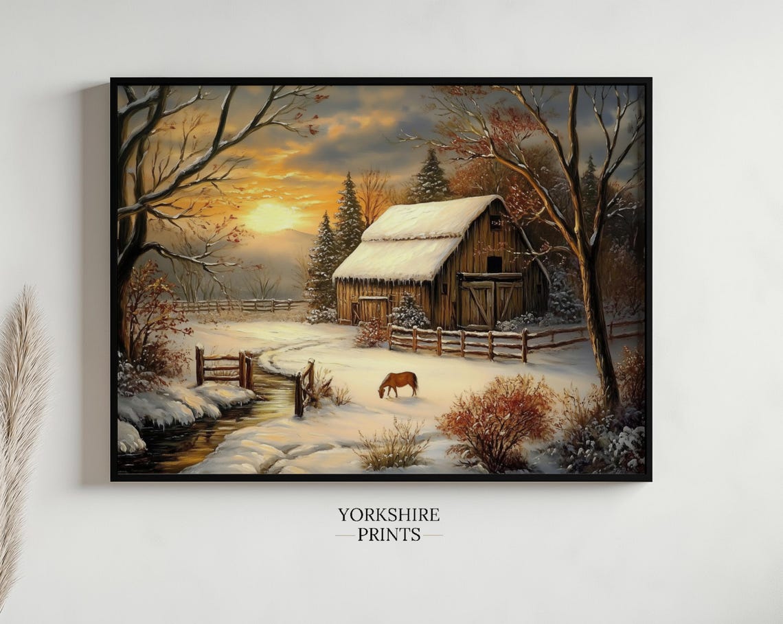 Snowy Barn Winter Sunrise Deer Rustic Farmhouse Christmas Poster - Image 3