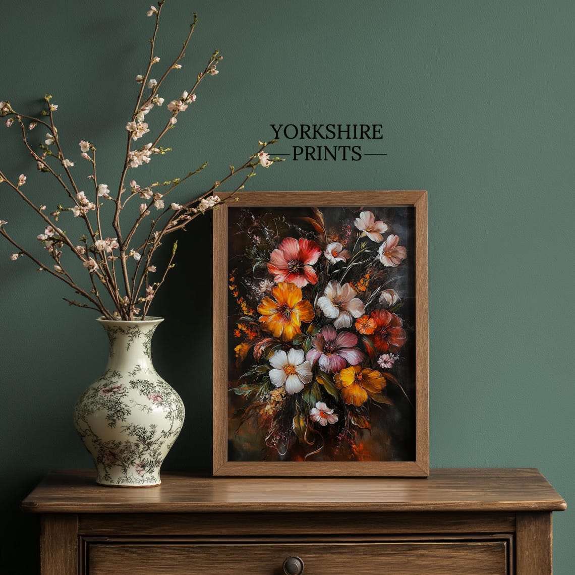 Moody Cosmos Wildflower Bouquet Orange Red Dark Floral Art Poster - Image 2