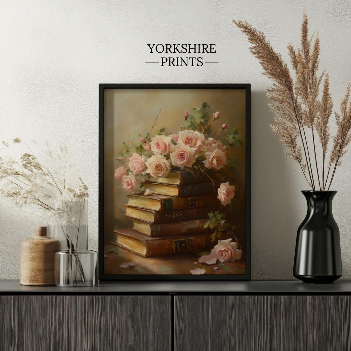 Blush Roses Stacked Antique Books Romantic Dark Academia Poster - Image 2