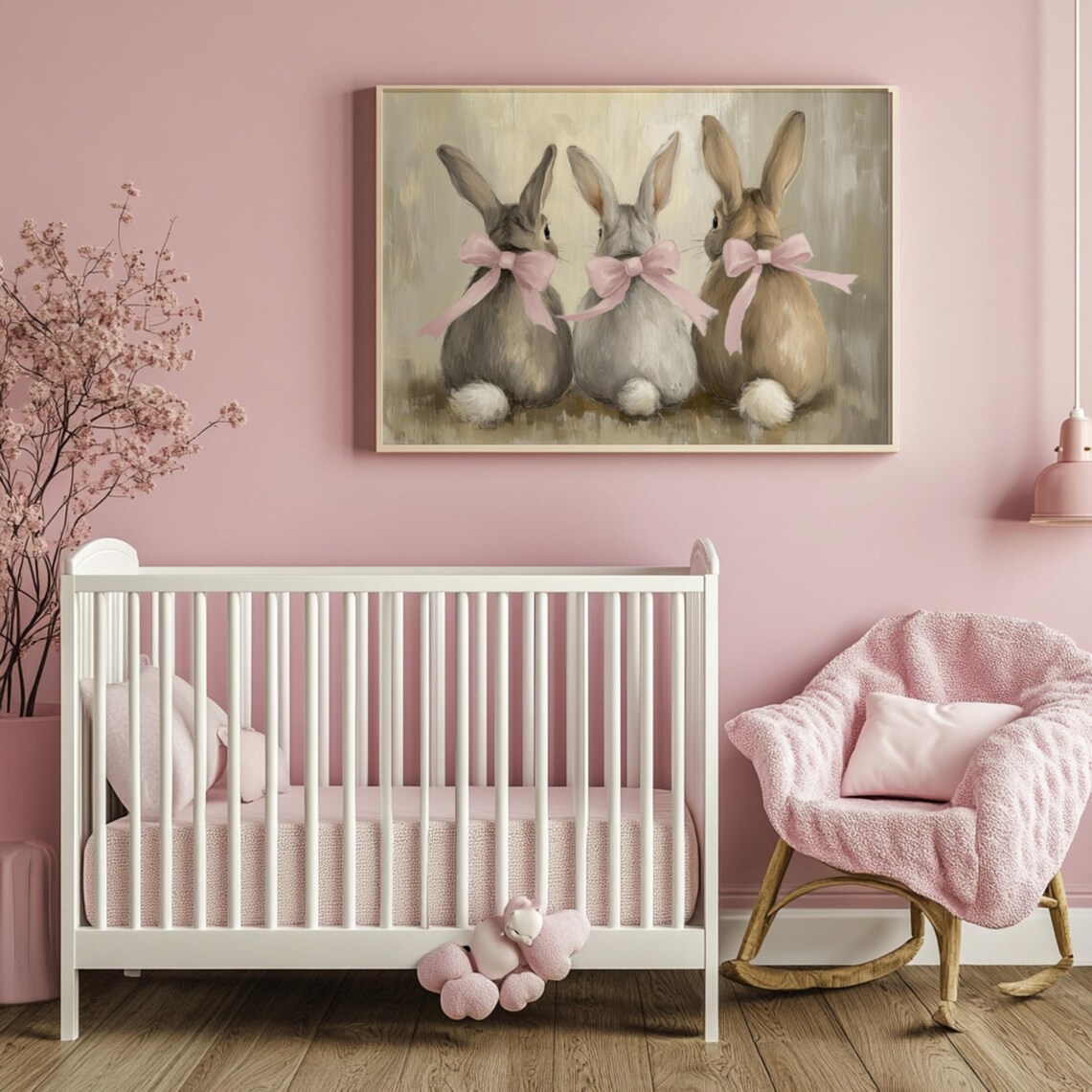 Spring Bunny Rabbits With Pink Ribbon, Vintage Poster - Image 2