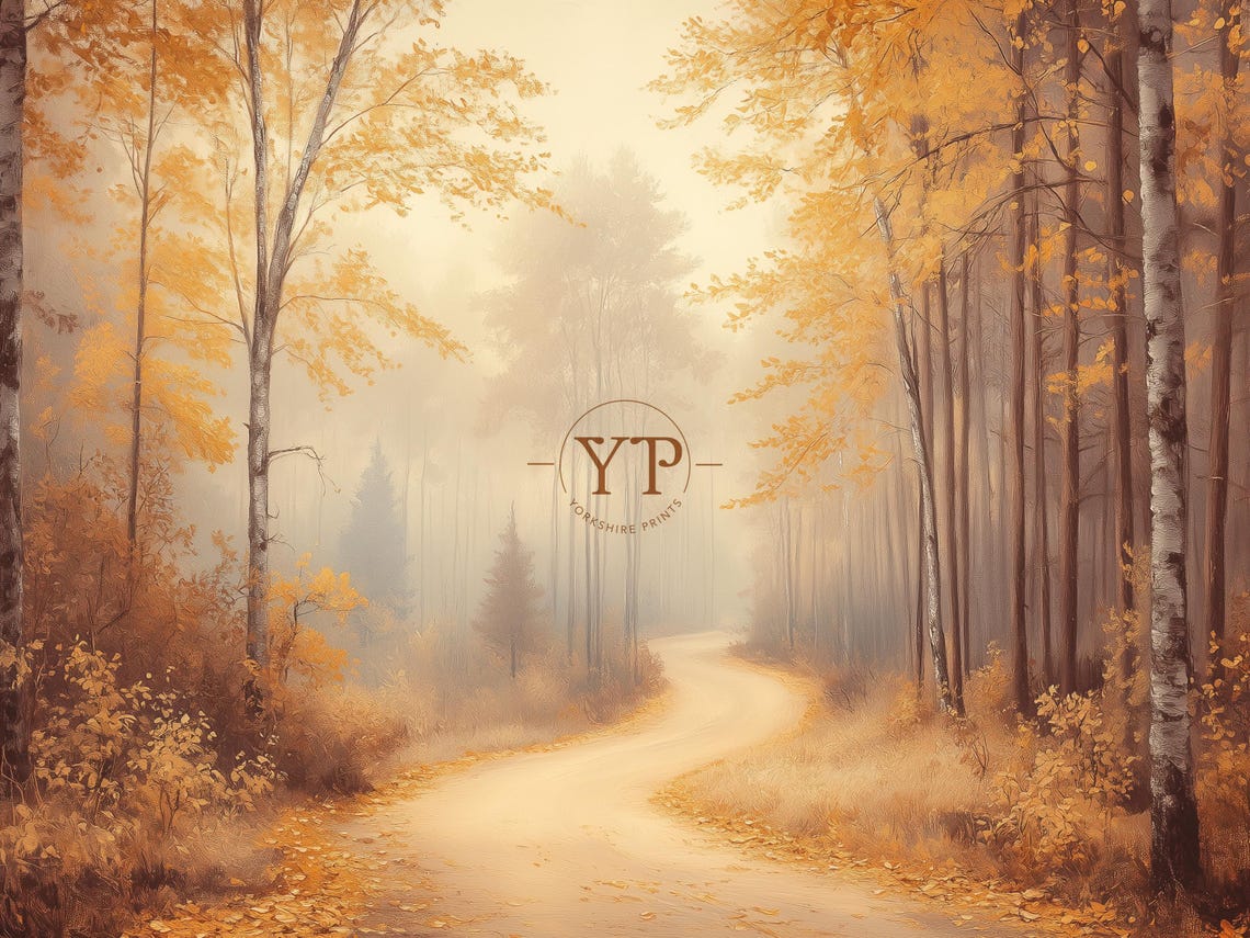 Golden Birch Forest Path In Autumn Mist Fall Landscape Wall Poster - Image 3