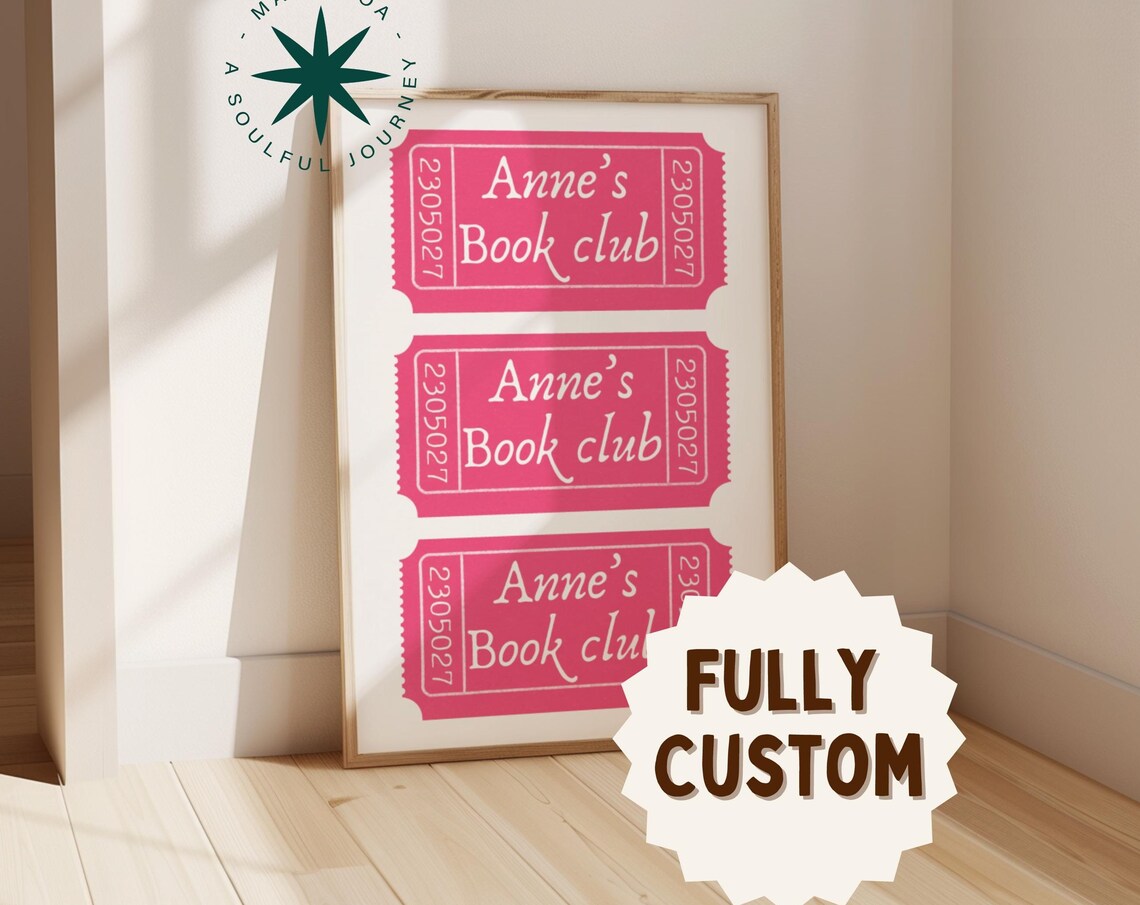 Anne's Book Club Pink Retro Ticket Stub Custom Reading Corner Poster
