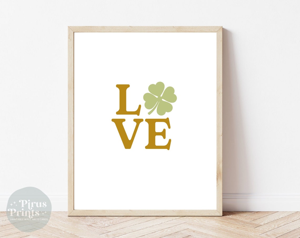 LOVE Shamrock St Patricks Day Gold Serif Typography Wall Art