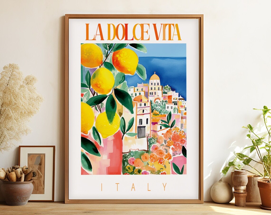 Amalfi Coast Italy Watercolor Travel Poster, Retro Lemons