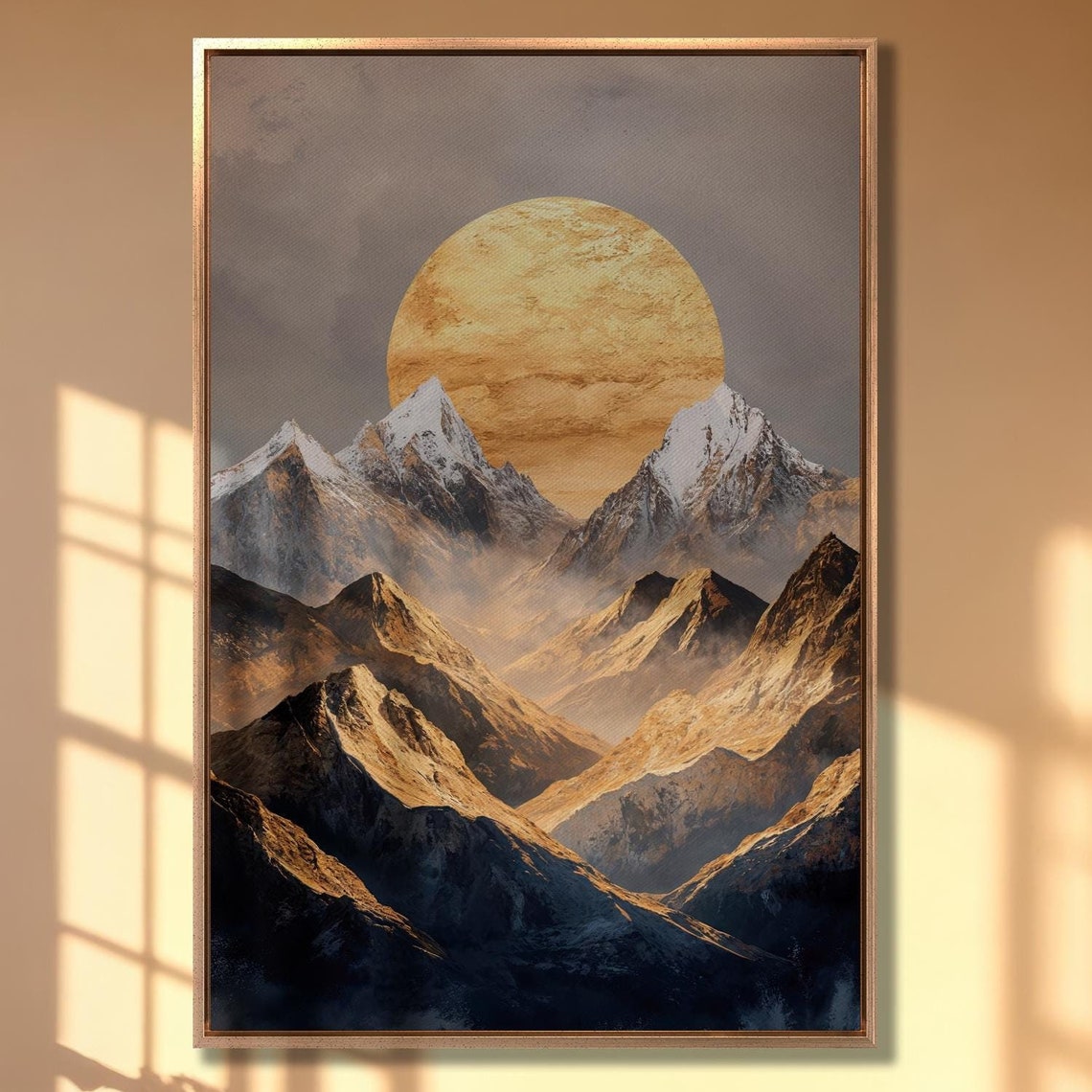 Golden Full Moon Rising Over Snowy Mountain Peaks Night Poster