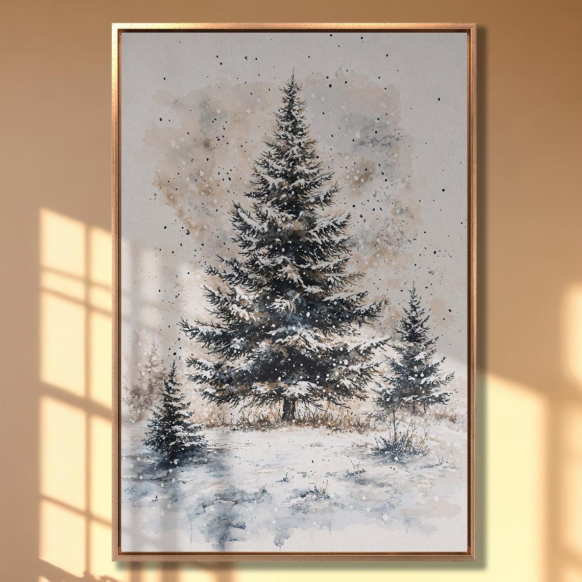Snow Laden Pine Tree Watercolor Scene in Falling Snow Art Poster