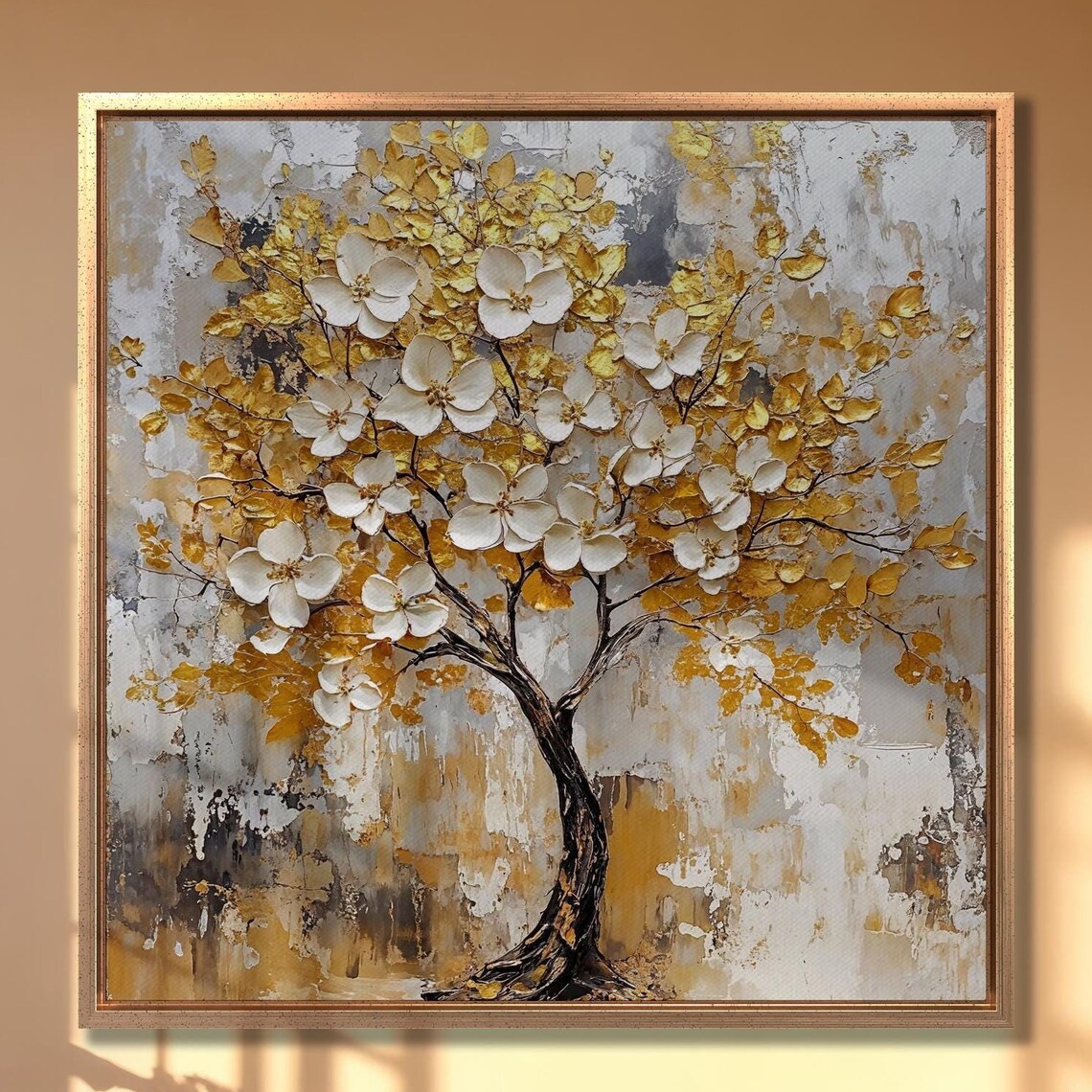 White Blossom Tree With Gold Impasto Leaves Abstract Art Poster