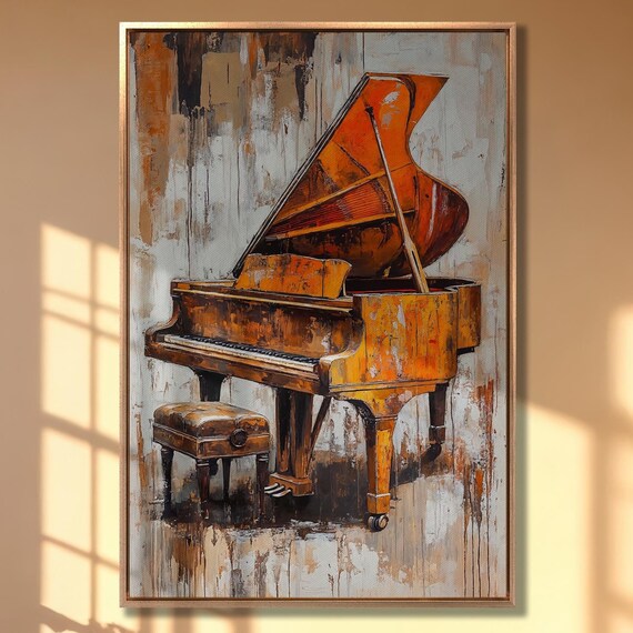 Vintage Wooden Grand Piano Abstract Painting Music Lover Wall Art