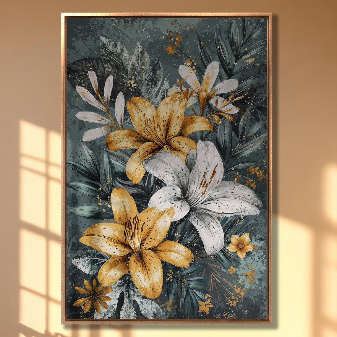 Golden and White Lily Bouquet on Dark Teal Botanical Art Print