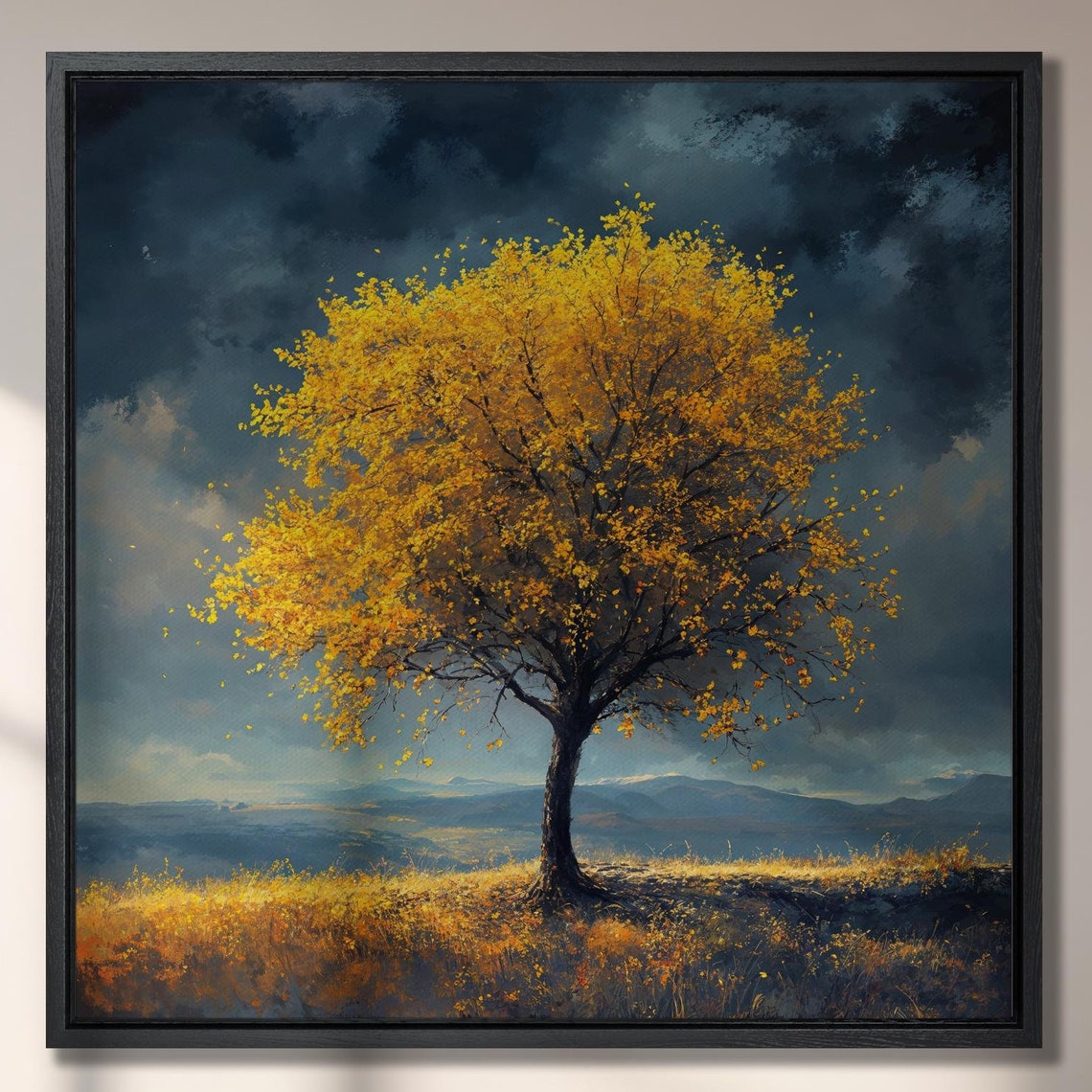 Yellow Tree Under a Dramatic Stormy Sky in a Meadow Landscape Poster