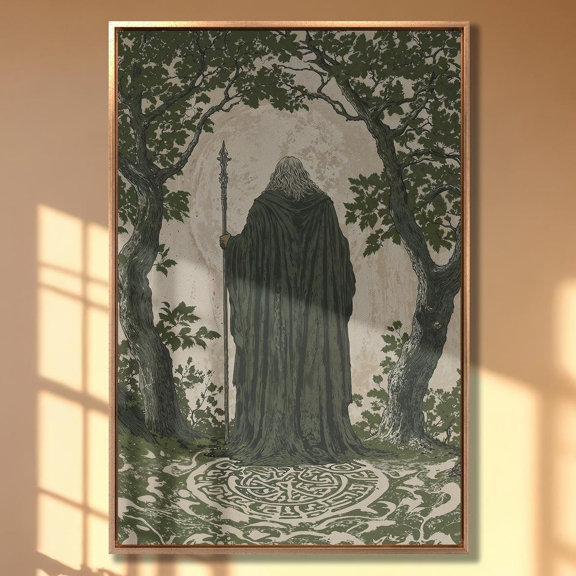 Wise Wizard And Enchanted Trees Extra Large Framed Print Medieval Mystical Wall Art Vintage Fantasy Home Decor Ready To Hang