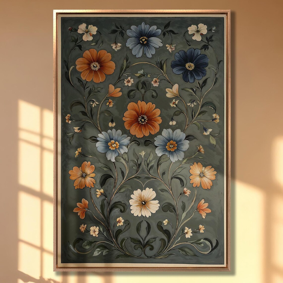 Vibrant Wildflowers in Blue and Orange on Sage Green Art Print