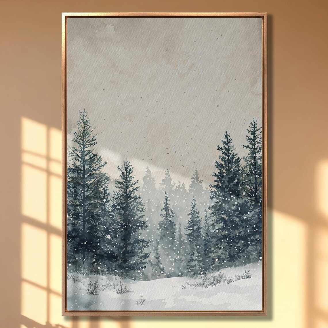 Snowy Pine Forest Fading in Soft Winter Fog Watercolor Print