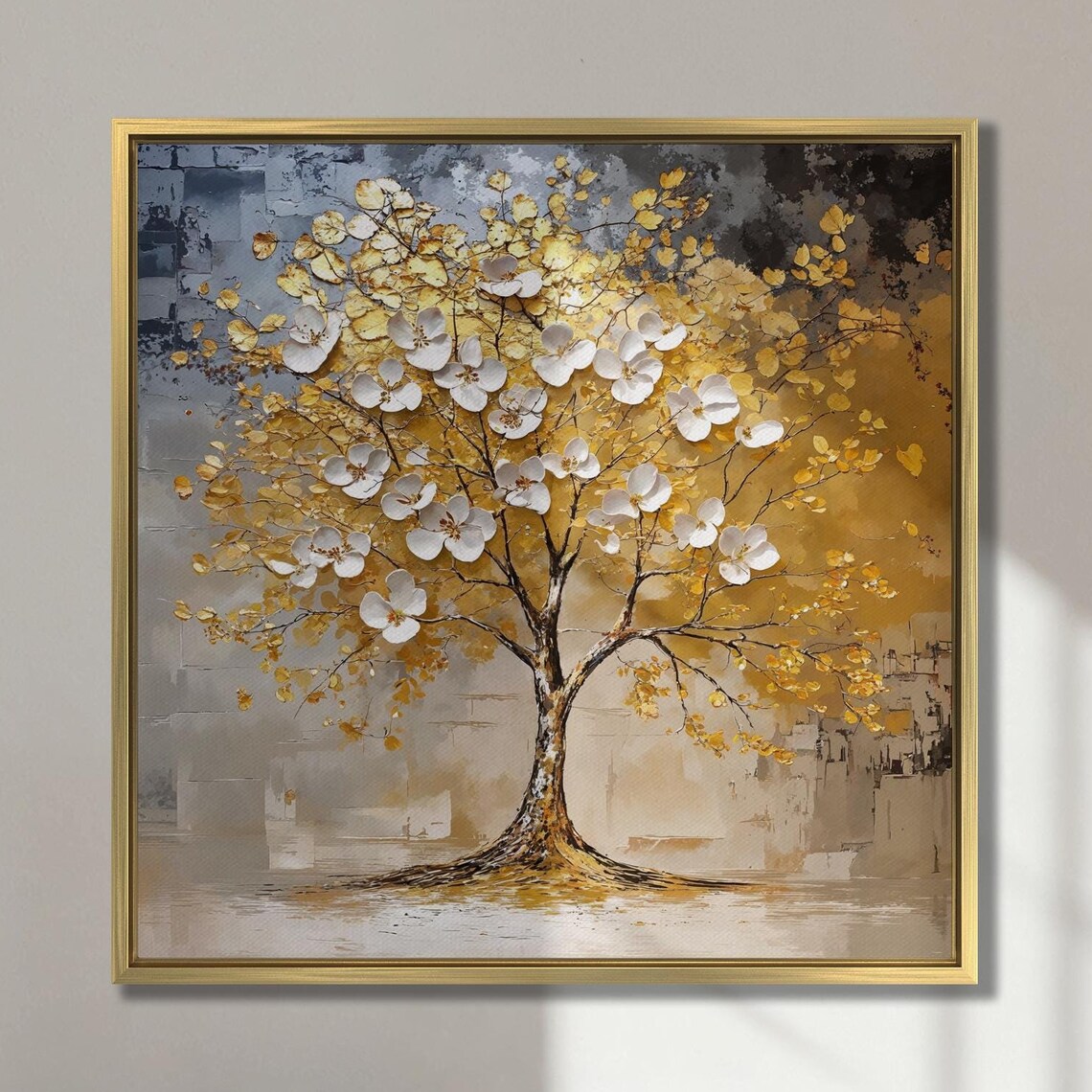 White Blossoms and Gold Leaves Flowering Tree Floral Wall Art